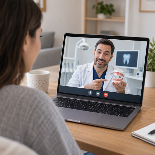 Patient attending a virtual dental appointment with a dentist
