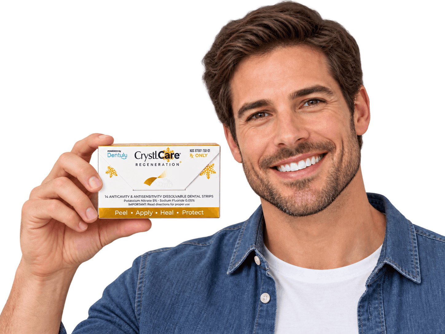 Smiling man holding a box of CrystLCare Regeneration dissolvable dental strips
