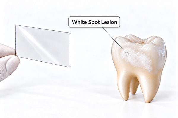 Dissolvable strip applied directly over the affected area of a tooth