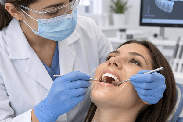 Dental professional evaluating a patient's teeth for CrystLCare Regeneration+ treatment