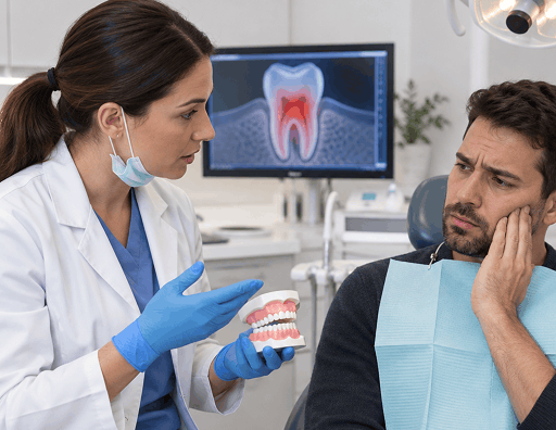 Dental professional discussing emergency dental care