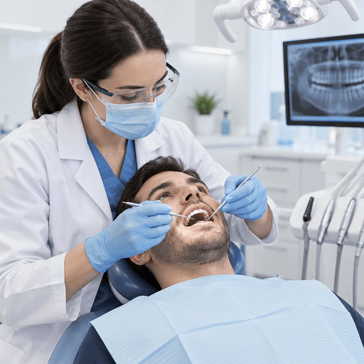 Dentist providing in-person dental treatment