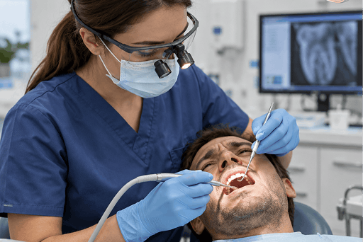 Dental professional providing urgent dental care