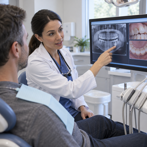 Licensed dental provider discussing oral health test results with a patient