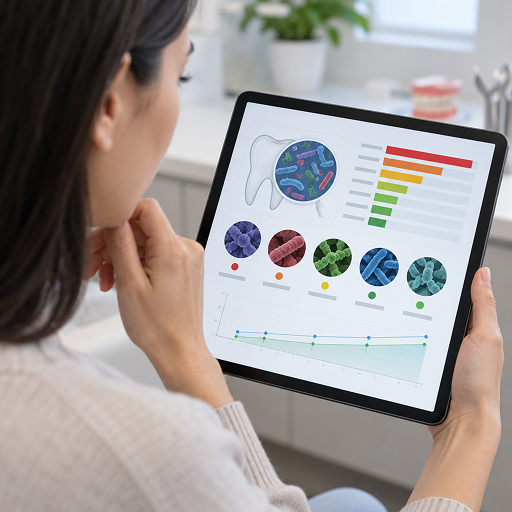 Patient reviewing oral bacteria test results on a digital report