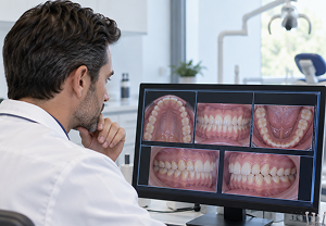 Licensed dentist reviewing dental photos